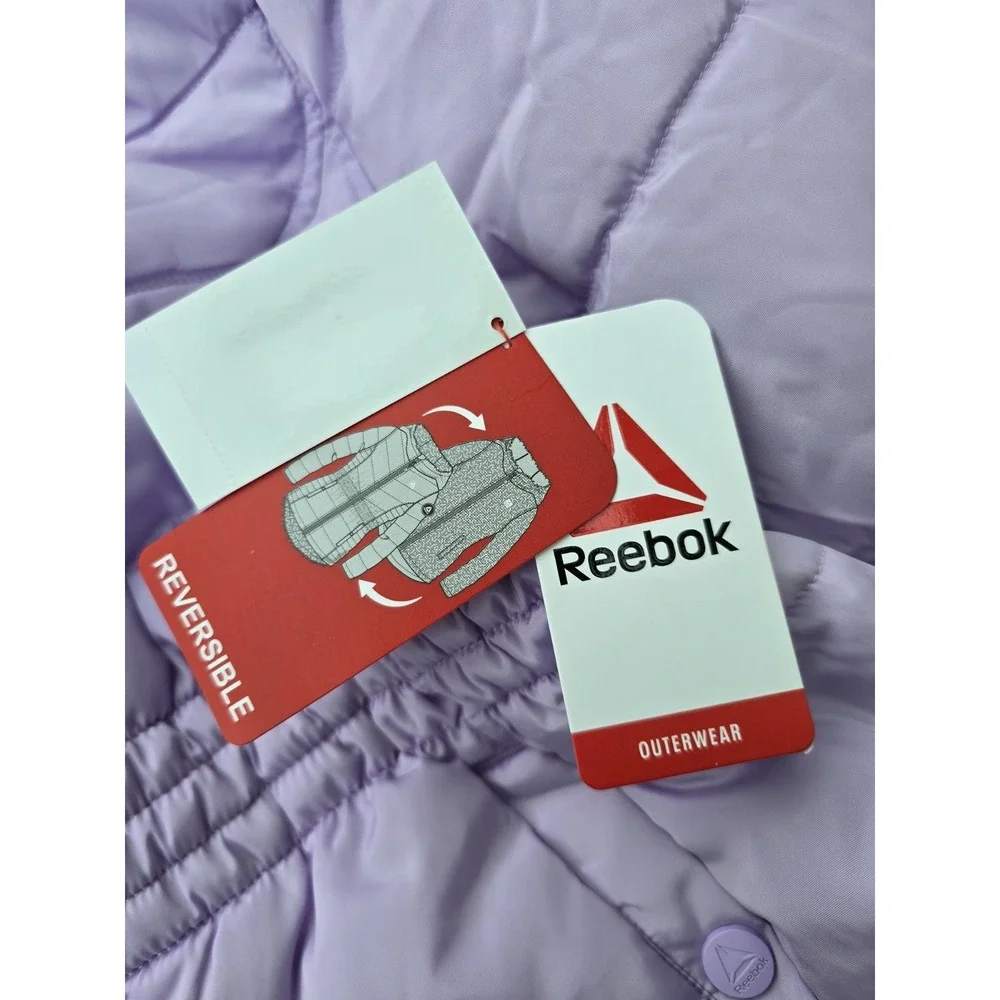 Reebok Reversible Puffer Jacket Girl's Lavender Faux Fur Winter Coat Sz‎ 14/16